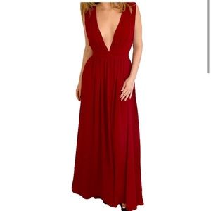 Bishop + Young red cocktail gown, open back, plunging neckline, size medium